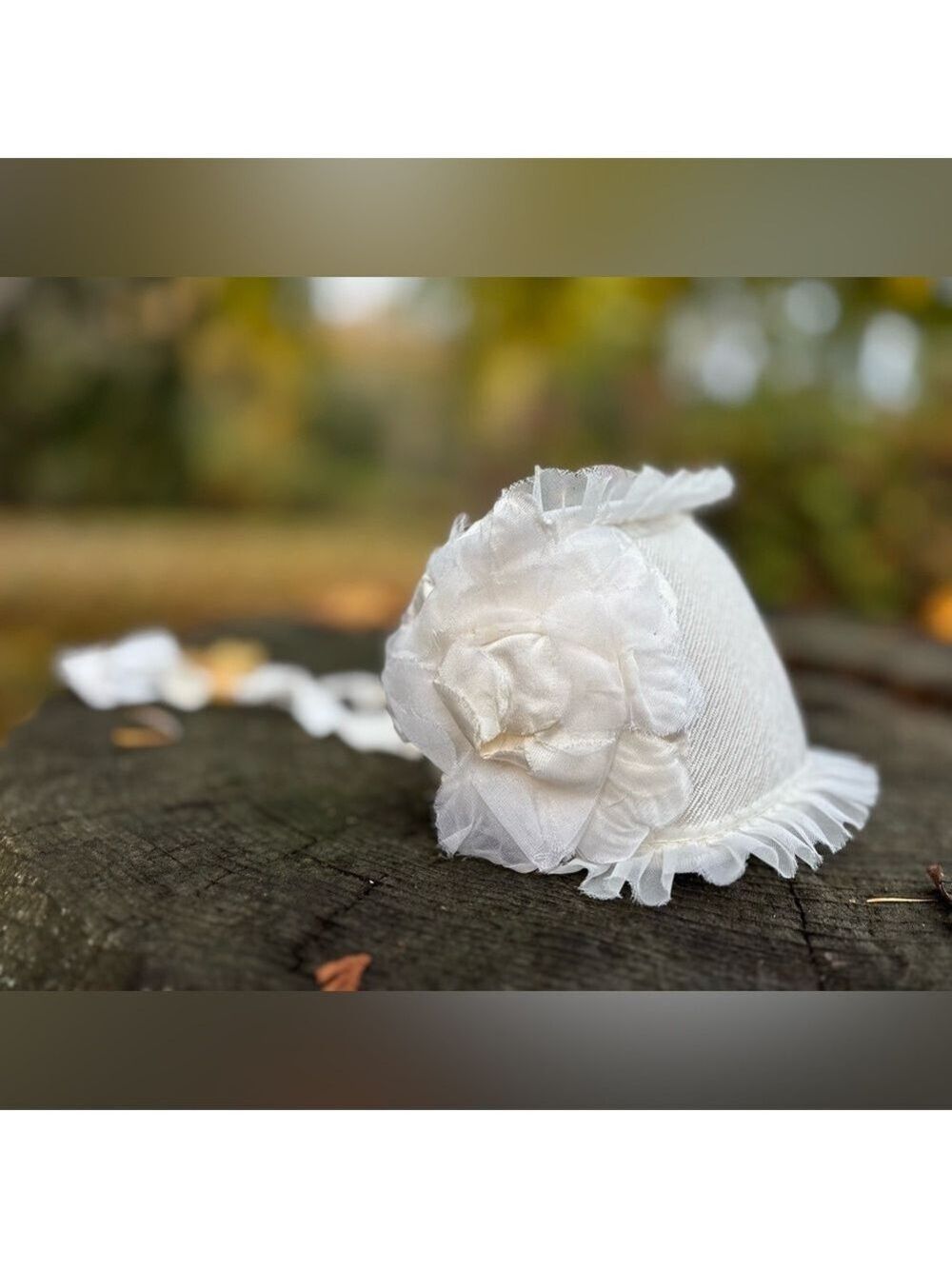 VINTAGE Elegant White Bonnet w/ Ribbons Floral Design